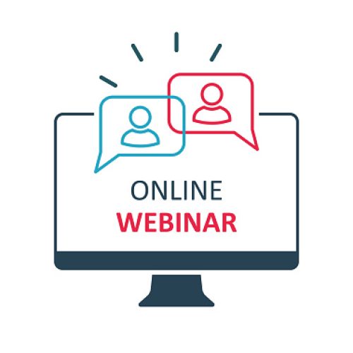 Online webinar communication, internet web conference, distance education, online course, video lecture, work from home icon with people icon - stock vector